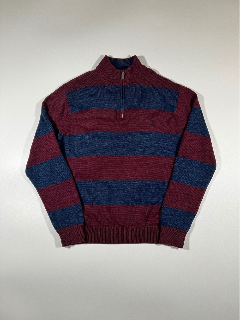 Chaps Striped Sweater Mens XL Burgundy Navy Quarter Zip Knit Pullover